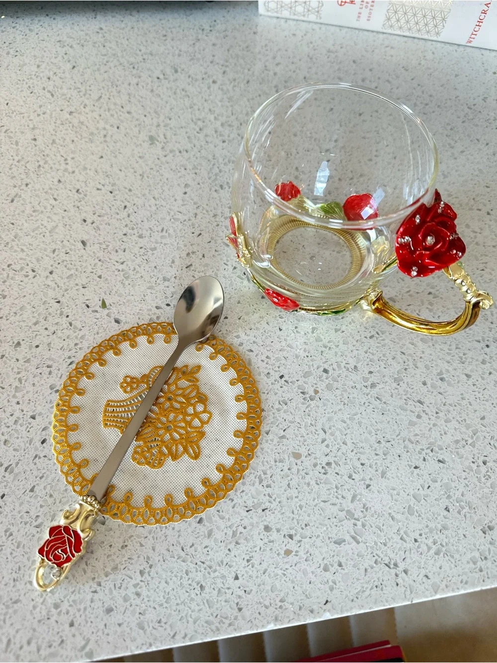 Ornate Gold & Glass Rose Teacup with Spoon